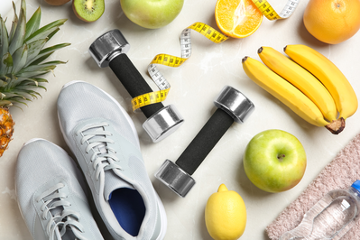 shoes, weights, and fruit